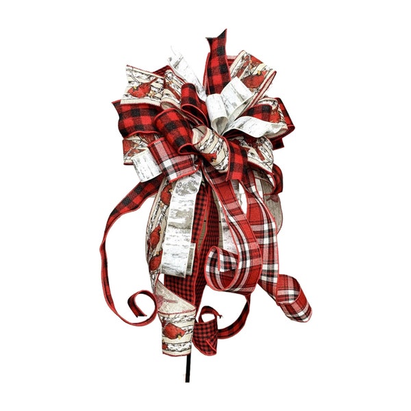 Red Cardinal and Birch Tree Themed Bow for Christmas and the Winter Season with Multiple Coordinating Ribbons, Winter Porch Decor