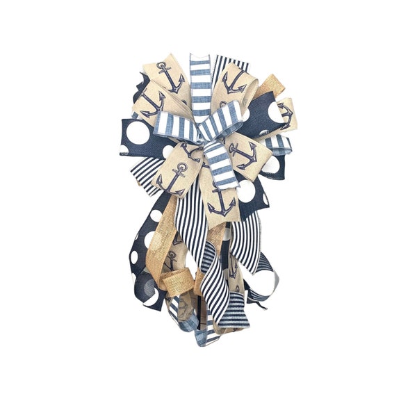 Rustic Nautical Burlap and Navy Bow: Anchor Polka Dot Stripe Ribbons, Coastal Decor