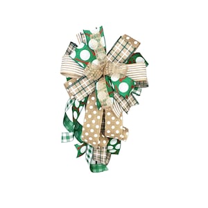Rustic Golf Burlap Wreath Lantern Bow: Emerald Green Beige Plaid Polka Dot Wreath Decoration