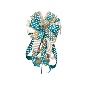 Teal Polka Dot Burlap Wreath Lantern Bow: Rustic Farmhouse Porch Decor