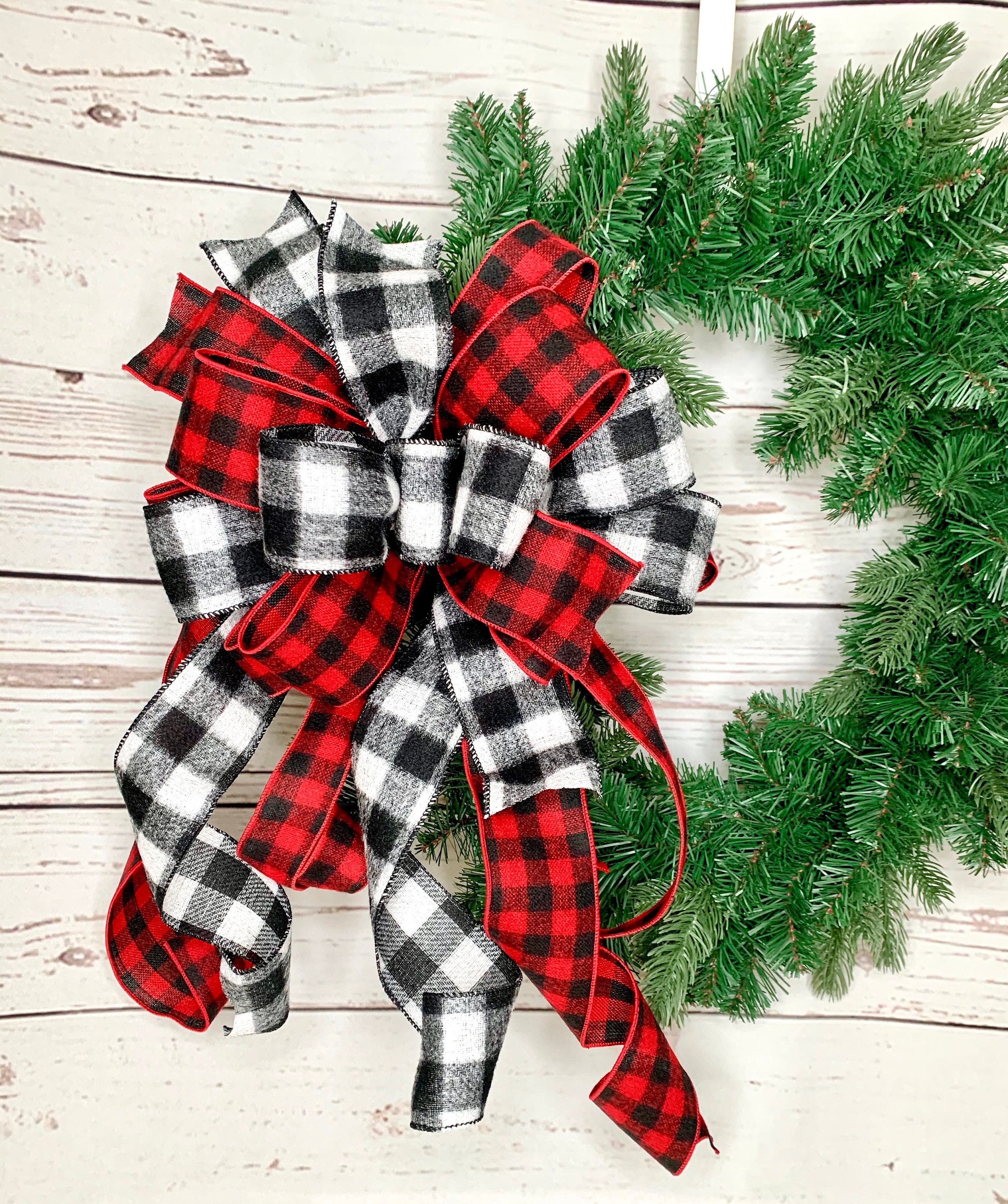 Christmas Buffalo Plaid Check Wreath Bow Red Black and White Etsy