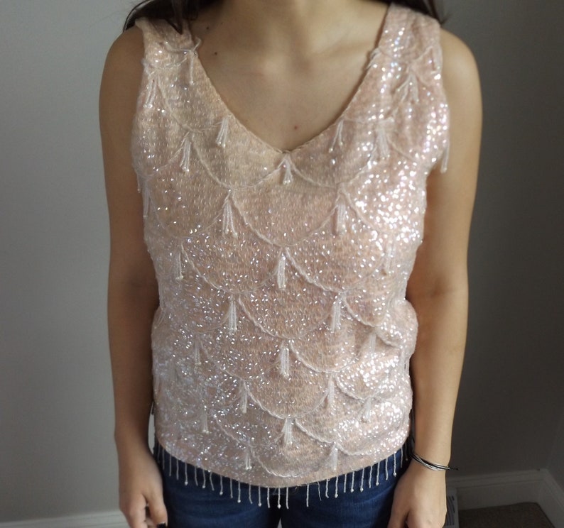 1950s Vintage Baby Pink Beaded Sequin Blouse Party NYE Retro