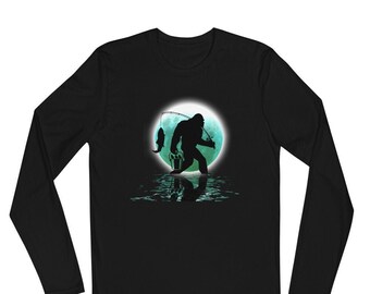 Bigfoot Fishing Shirt, Sasquatch Fishermen Gift, Sasquatch Yeti Believer Shirt, Fishing Unisex Apparel Gift Long Sleeve Fitted Crew