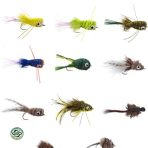May include: A collection of various fishing flies in different colors and designs. The flies feature a variety of materials, including feathers, fur, and synthetic fibers, and are attached to small hooks. The flies are designed to mimic insects and other small creatures.