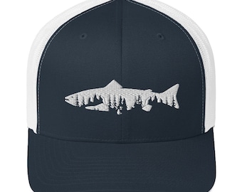 Trout Trees Mountain, Trucker Baseball Cap,Fly Fishing Hat - Present for Fisherman- Fishing Gift for Men, Fishing Trucker Hat