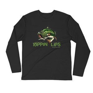 Rippin Lips Bucketmouth Bass Graphic Fishing Shirt for Fishermen Unisex Long Sleeve Fitted Crew