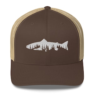 Trout Trees Mountain, Trucker Baseball Cap,Fly Fishing Hat - Present for Fisherman- Fishing Gift for Men, Fishing