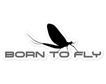 Puede incluir: Silueta negra de una efímera con el texto "BORN TO FLY" en letras grises.