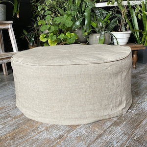 Linen Ottoman Cover with the Piping - Round Custom Pouf Cover - Natural Foot Stool Cover without the bottom