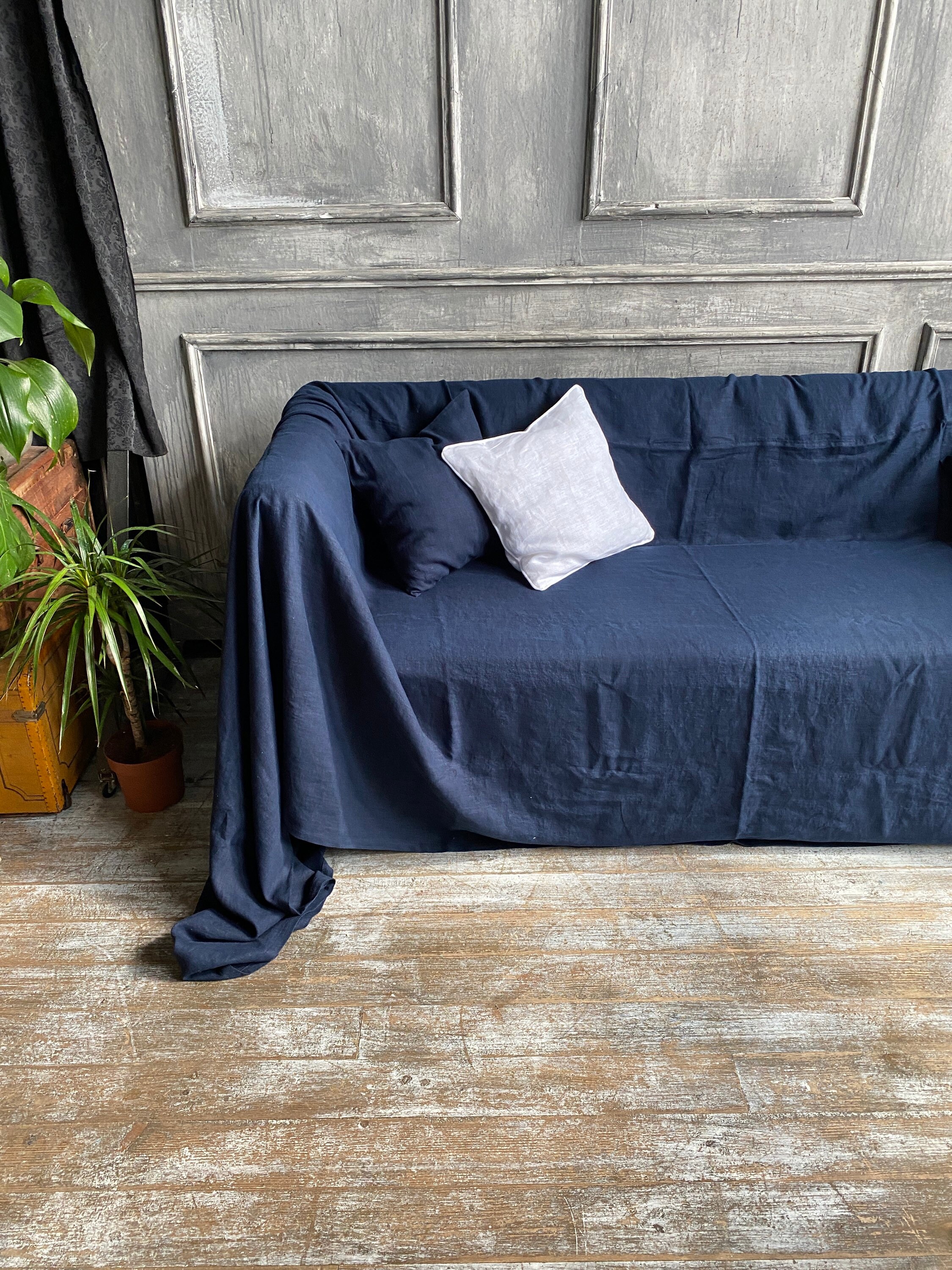 Navy linen sofa deals