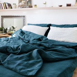 Duvet Set Dark Blue Turquoise Stonewashed Linen: 2 Pillowcases and duvet cover - Linen Bedding - Euro Single Double - US Twin Queen King