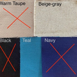 May include: Four fabric swatches with red X's drawn over them. The swatches are labeled "Warm Taupe", "Beige-gray", "Black", and "Teal".