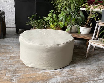 Custom Round Ottoman Slipcover - Linen Pouf Cover Without the Bottom - Natural Foot Stool Cover