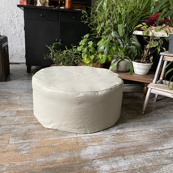 Custom Round Ottoman Slipcover - Linen Pouf Cover Without the Bottom - Natural Foot Stool Cover