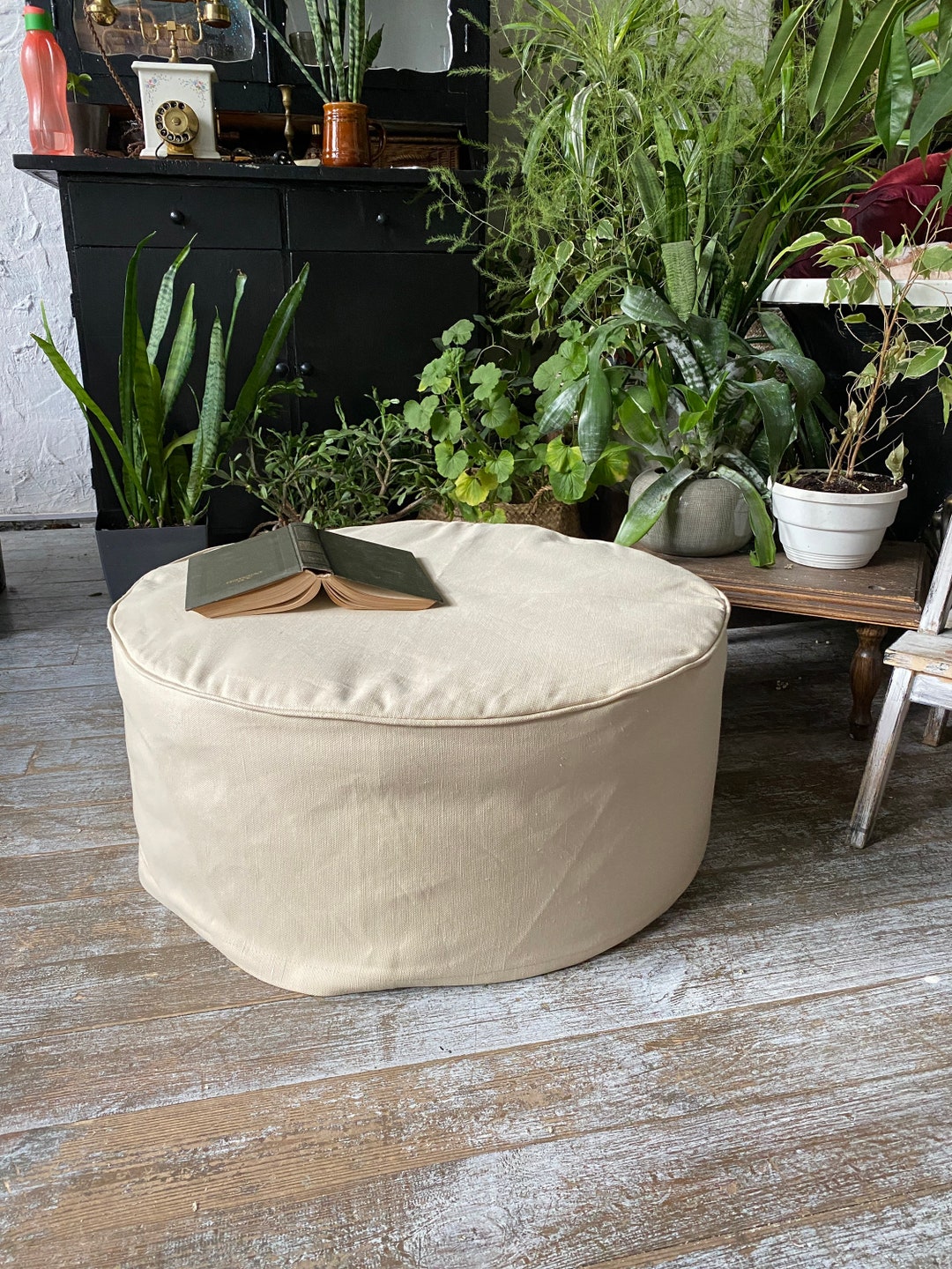 Round Ottoman Slipcover With the Piping Linen Custom Pouf Cover Without