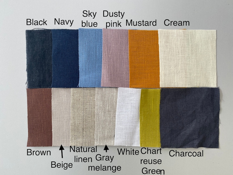 May include: Swatch cards showing 14 different linen fabric colors. The colors are: Black, Navy, Sky blue, Dusty pink, Mustard, Cream, Brown, Beige, Natural linen, Gray melange, White, Chartreuse Green, and Charcoal.