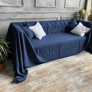 Navy Linen Sofa Cover - Drop cloth Couch Cover - Custom Linen Bedspread - Throw Couch Cover - Single Twin Queen King