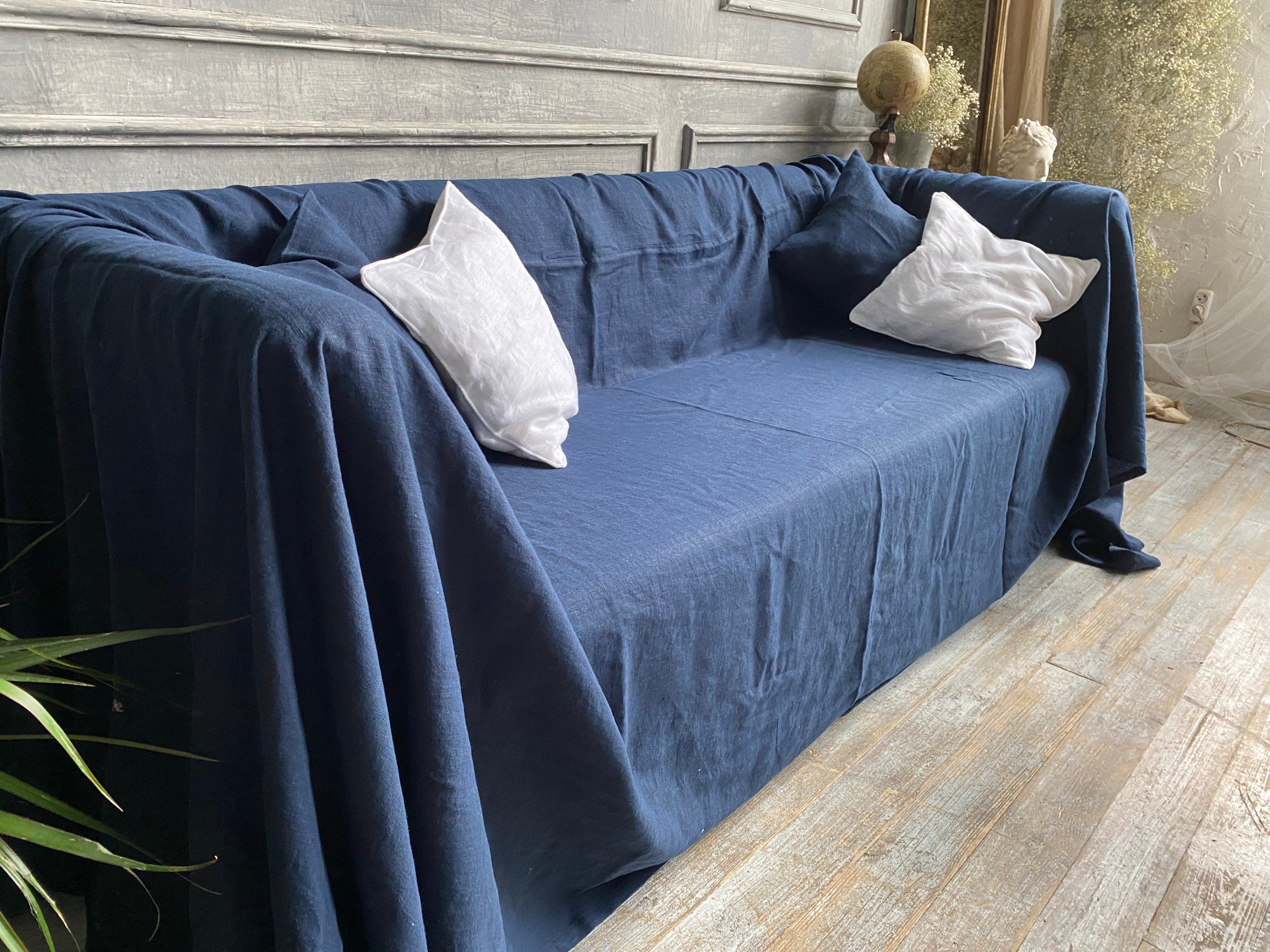 Navy Linen Sofa Cover Drop Cloth Couch Cover Custom Linen Etsy