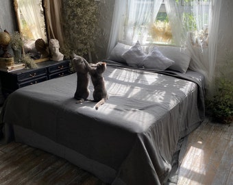 Coperta in lino grigio, fantasia a quadri, per letto singolo, ideale come regalo di inaugurazione casa, 330 x 256 cm.