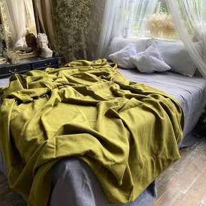 Olive Linen Coverlet Throw Blanket Bedcover 130x100&quot; /330x256cm