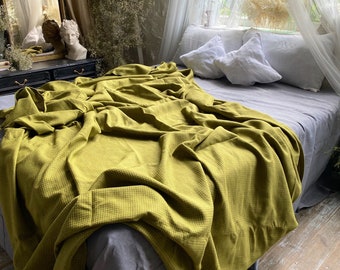 Olive Linen Coverlet Throw Blanket Bedcover 130x100" /330x256cm