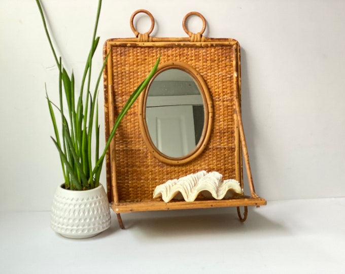 Vintage Boho Rattan Mirror With Shelf Etsy