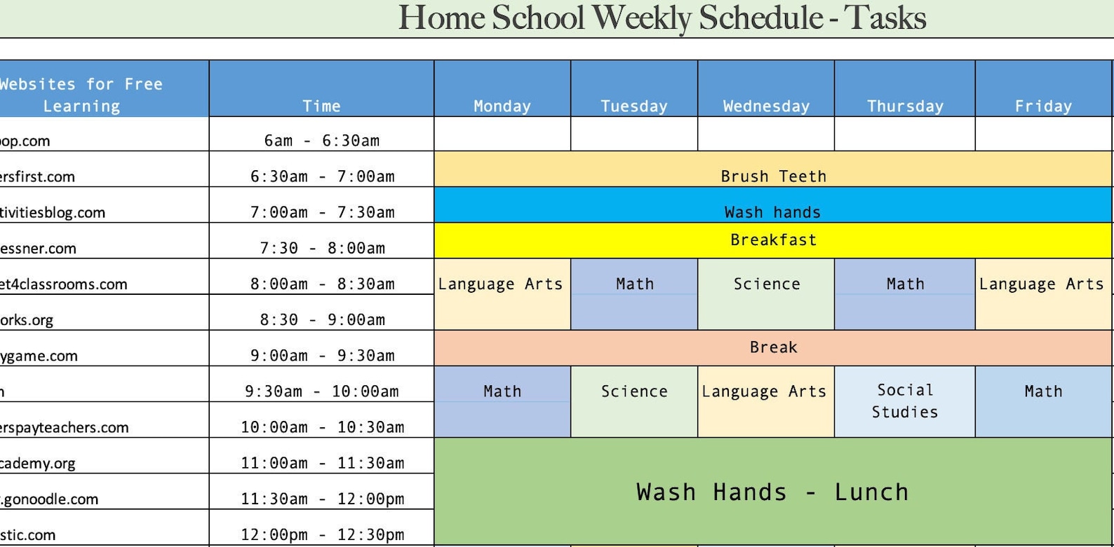 Homeschool Excel Weekly Schedule Calendar Weekly Easy to Customize Free ...