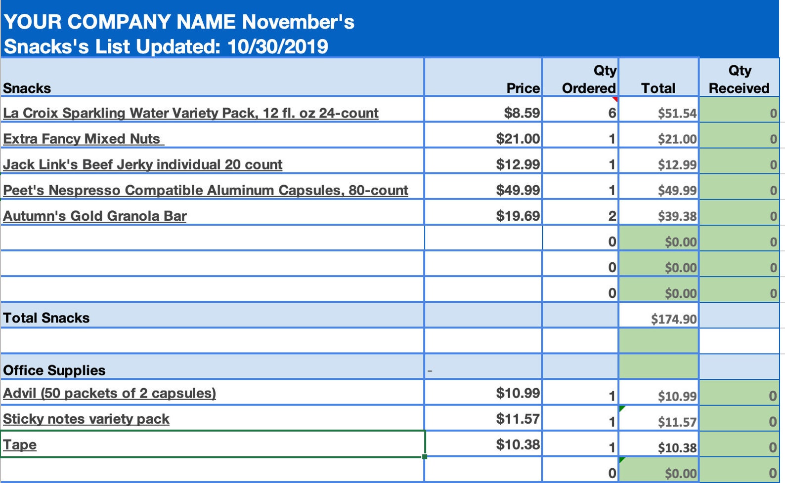 Excel Office Supplies and Snack List Interactive Etsy