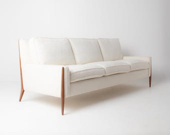 Jules Heumann Sofa in Walnut and Vanilla Boucle and Down Feathers