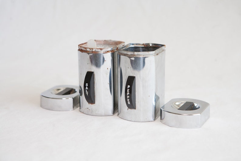 1960/'s Salt and Pepper Shakers Kromex Canisters Bakelite and Chrome Coffee Canister 1950s set Salt and Pepper Shakers