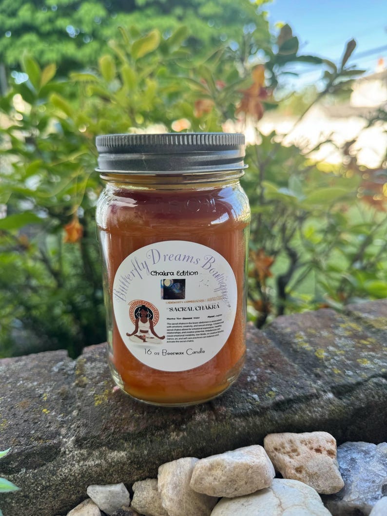 Vela de cera de abejas Chakra Edition de 16 oz en frasco de vidrio / Hecha a mano y hecha a mano Sacral