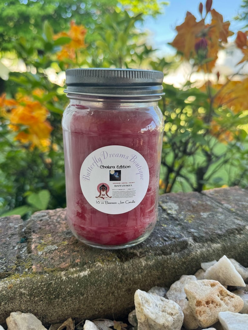 Vela de cera de abejas Chakra Edition de 16 oz en frasco de vidrio / Hecha a mano y hecha a mano Root