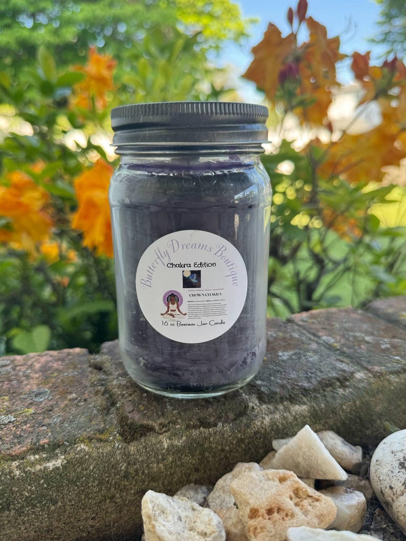 Vela de cera de abejas Chakra Edition de 16 oz en frasco de vidrio / Hecha a mano y hecha a mano Crown