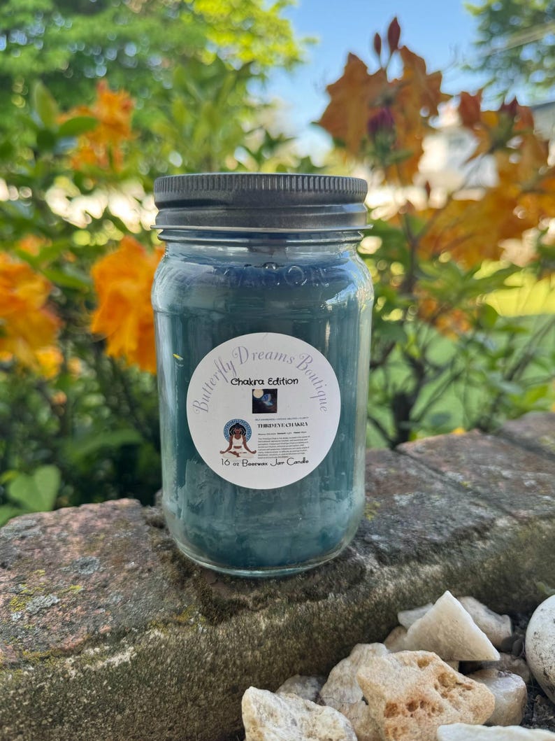 Vela de cera de abejas Chakra Edition de 16 oz en frasco de vidrio / Hecha a mano y hecha a mano Third Eye