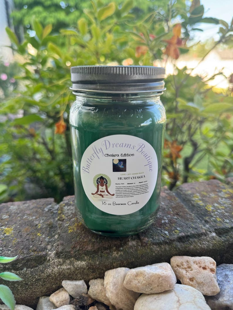 Vela de cera de abejas Chakra Edition de 16 oz en frasco de vidrio / Hecha a mano y hecha a mano Heart