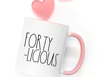 40th Birthday Gift for Her, Born in 1983, Forty-licious, Pink and White Mug, Gift for Best Friend, 40 Years Old, Personalized 40th Gift