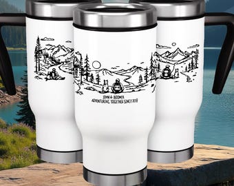 Personalized Hiker Dog Travel Mug: Mountain Pine Design, Outdoorsy Gift