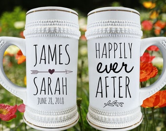 Personalized Wedding Beer Steins, Custom Bride Groom Names, 22 oz Ceramic Stein, Gold Ornate Trim, Marriage Date, Wedding Gift Keepsake