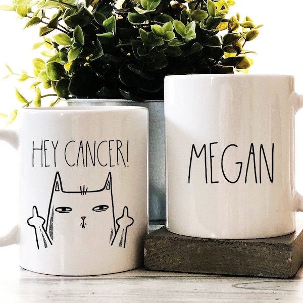 Personalized Hey Cancer F U Mug, Cat Middle Finger, Fuck Cancer Cup, Snarky Chemo Care Package, Cancer Patient Gift, Cancer Awareness