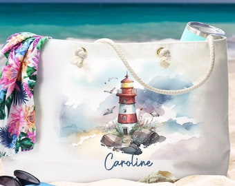 Personalized Watercolor Lighthouse Weekender Bag with Rope Handles, Lighthouse Lovers Gift, Nautical Bag, Mariner Guide, Boating Gift