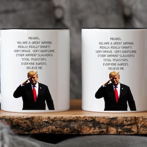 Personalized Airman Mug, Trump Salute, Airman Appreciation, Military Themed Coffee Cup, Gift for Airman Son, Airmen Promotion Gifts