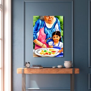 Greek Grandma & Little Greek Girl 16x24 Matte Wall Canvas, Watercolor Wall Art, Greek Food Art, Greek Restaurant Decor, Yiayia Gifts