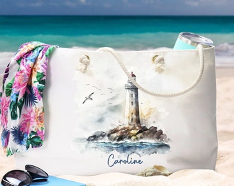 Watercolor Lighthouse Weekender Bag with Rope Handles, Personalized Name, Lighthouse Lovers Gift, Nautical Bag, Mariner Guide, Sailing Gift