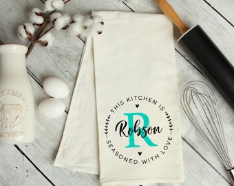 Personalized Monogram Kitchen Towel, Wedding Gift, Flour Sack, Custom Family Name Tea Towel, Bridal Shower Gift, Housewarming Gift