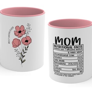 May include: White ceramic mug with a pink rim and handle. The mug features a floral design on one side and the text "Best Mom Ever" on the other. The opposite side of the mug displays the text "Mom Nutritional Facts" with a list of nutritional facts about mothers.