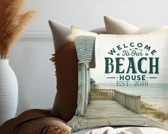 Personalized Beach House Pillow: Coastal Summer Decor, Year Established