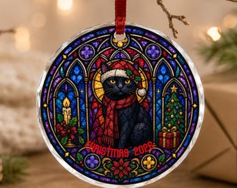 Adorno personalizado de gato negro en cristal: decoración navideña gótica de vidrieras, regalo personalizado para amantes de los gatos, recuerdo mágico.