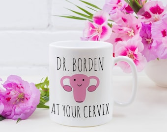 Personalized OBGYN Mug: Funny Cartoon Cervix, Baby Doctor Gift