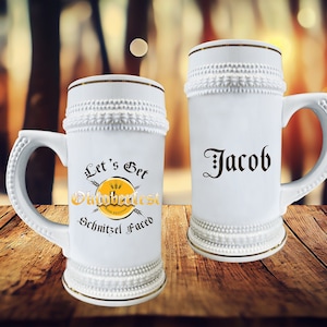 Personalized Oktoberfest Beer Stein, Let&#39;s Get Schnitzel Faced, 22 oz Ceramic Stein, Gold Ornate Trim, Oktoberfest 2025 Keepsake