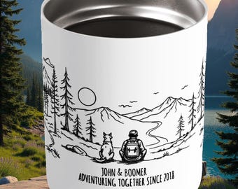 Personalized Hiker & Dog Coffee Mug: Mountain Landscape Insulated Cup